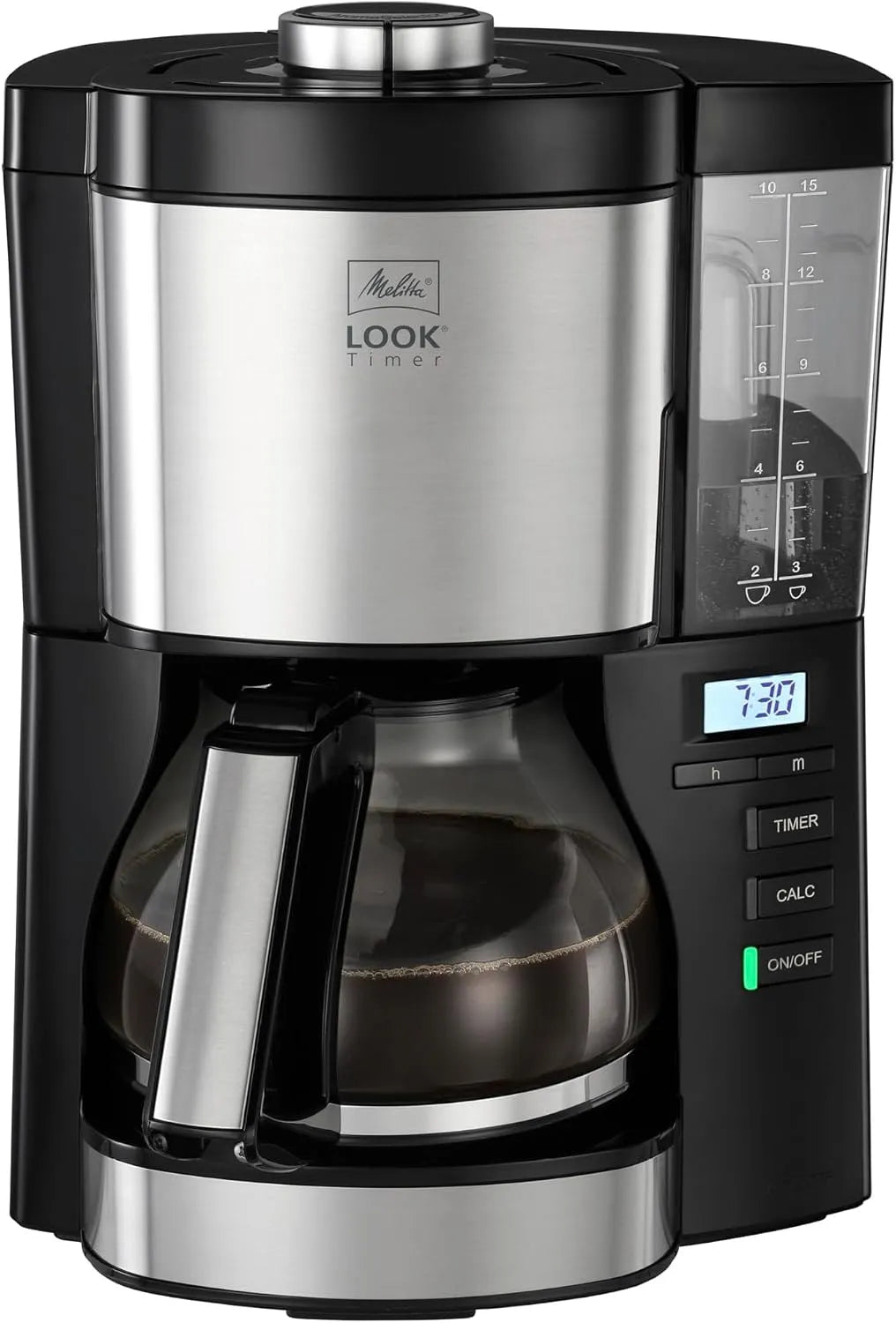 Melitta cafetière 1025-08, Porte-filtres 1x4, 10 Tasses,1080W, Filtre LOOK V Timer 1,25L finition noire, 08,1080W, Fonction Minuteur, Acier