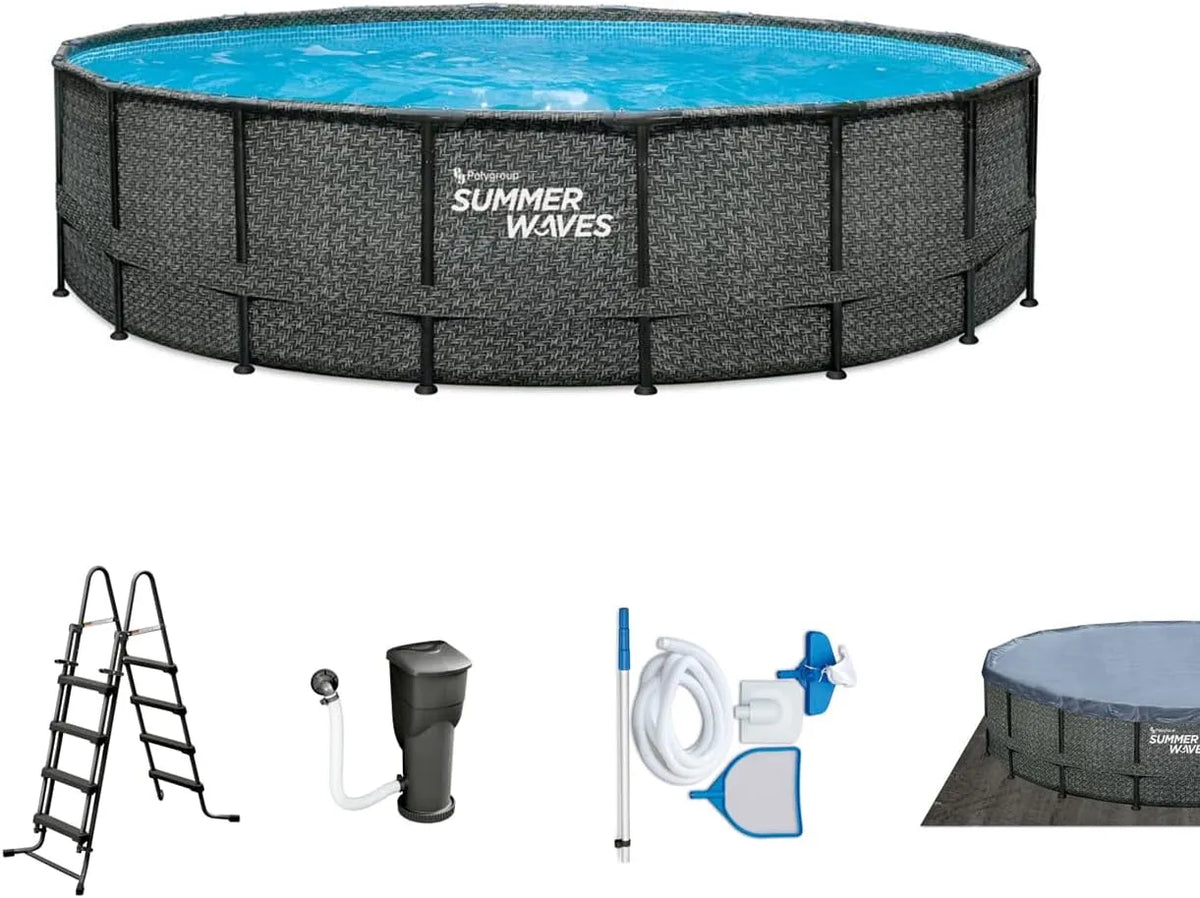 Summer Waves, Piscine hors-sol Elite Frame en rotin finition grise Ø 488 x 122 cm