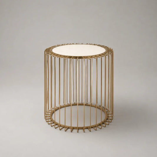 Table basse ronde avec plateau en verre blanc structure acier doré forme cylindrique 45 x 45 x 45 cm