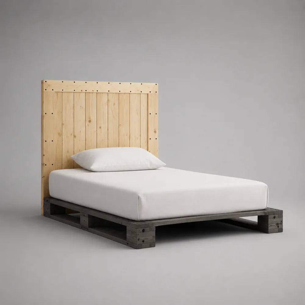 Lit double plateforme en bois gris et naturel avec tête de lit 160 x 200 cm