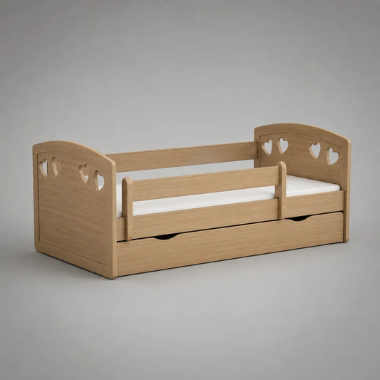 Lit enfant en bois naturel avec tiroir de rangement et barrières 90 x 200 cm