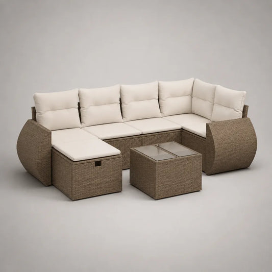 Salon de jardin modulable 6 places en résine tressée avec coussins blancs table basse plateau verre marron 280 x 210 x 65 cm