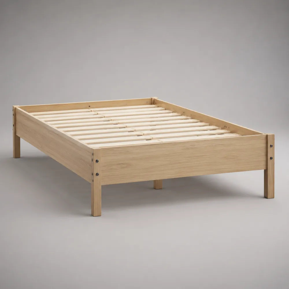 Cadre de lit double en bois naturel 160 x 200 cm avec sommier à lattes intégré