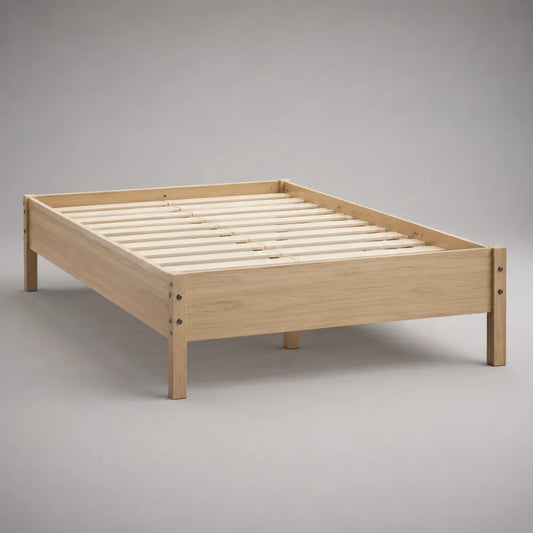 Cadre de lit double en bois naturel 160 x 200 cm avec sommier à lattes intégré