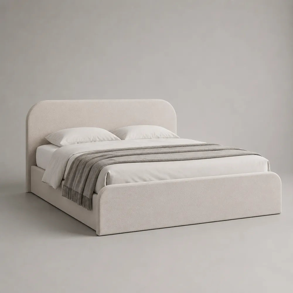 Lit double rembourré avec tête et pied de lit en tissu polyester beige 160 x 200 cm