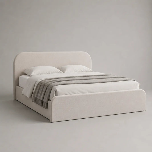 Lit double rembourré avec tête et pied de lit en tissu polyester beige 160 x 200 cm