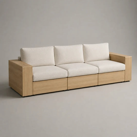 Canapé de jardin 3 places en bois d'acacia et coussins beige 220 x 82 x 78 cm