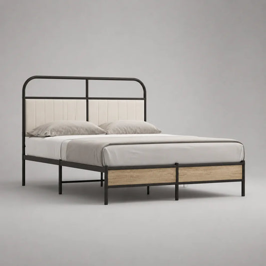 Lit double cadre en acier noir avec panneaux MDF effet bois tête et pied de lit 160 x 200 cm
