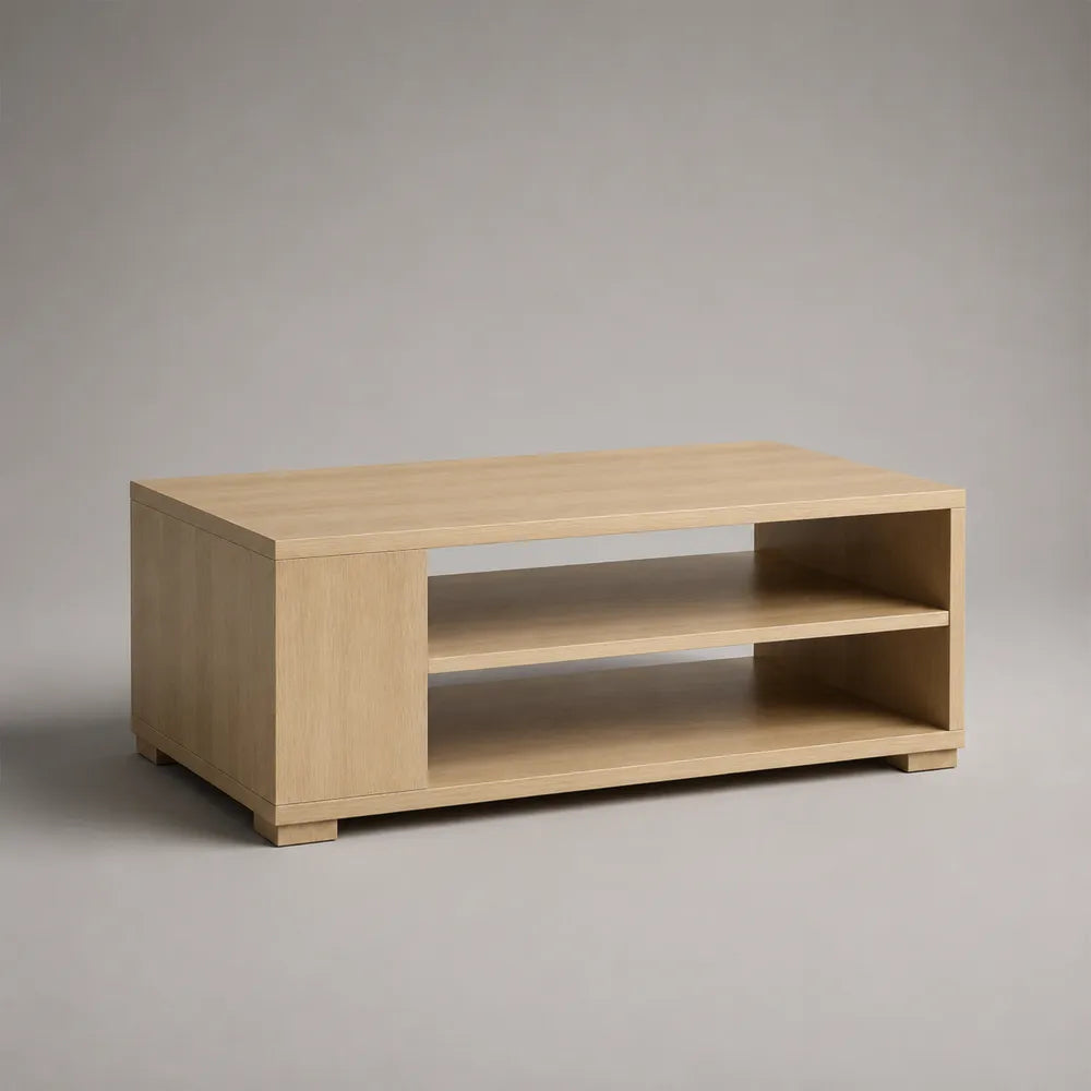Table basse rectangulaire en MDF effet chêne clair avec niches ouvertes 120 x 60 x 40 cm