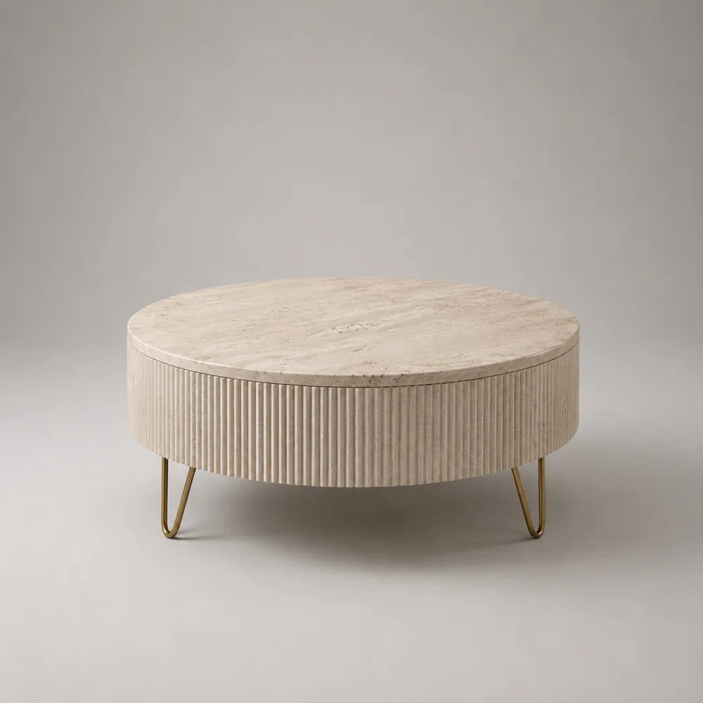 Table basse ronde en MDF effet travertin avec pieds en acier doré 90 x 90 x 40 cm