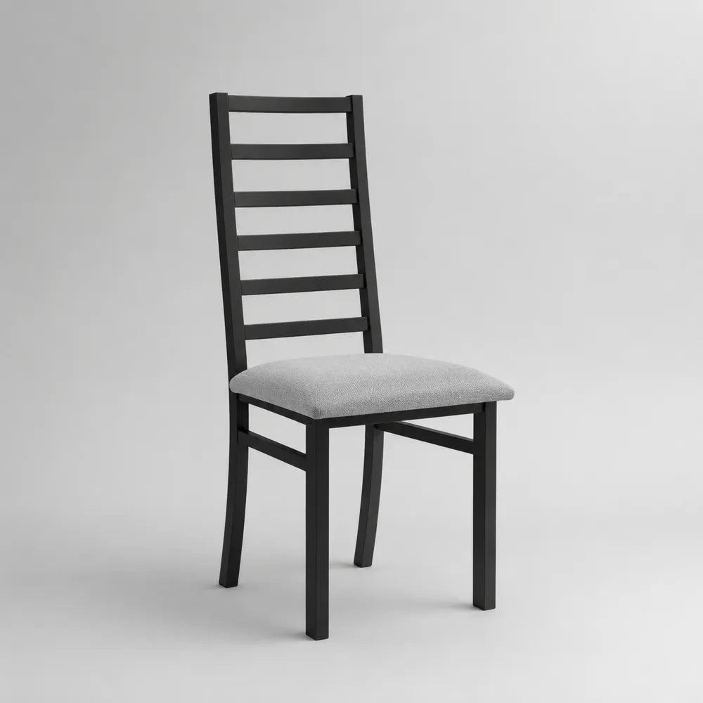 Chaise de salle à manger 45 cm en acier noir avec coussin gris clair et dossier à barreaux