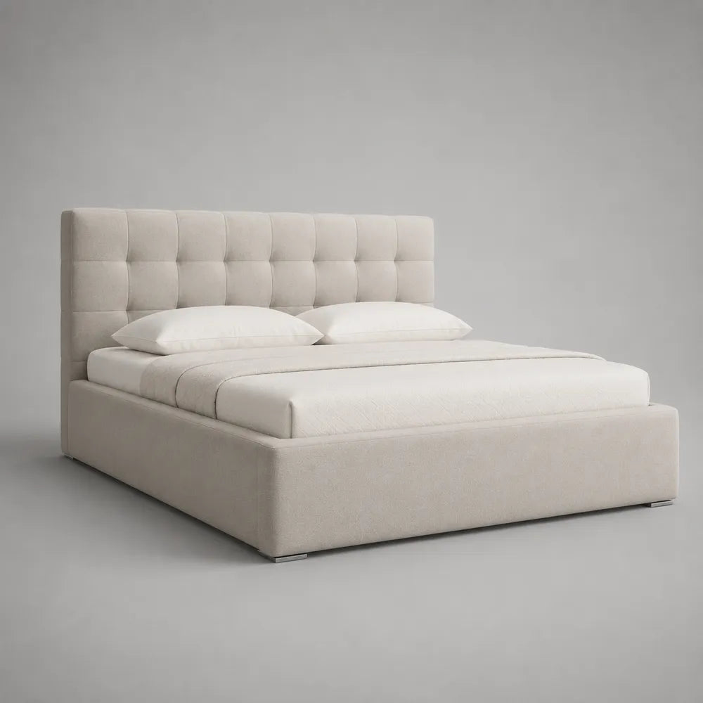 Lit double rembourré avec tête de lit capitonnée en tissu polyester beige 160 x 200 cm