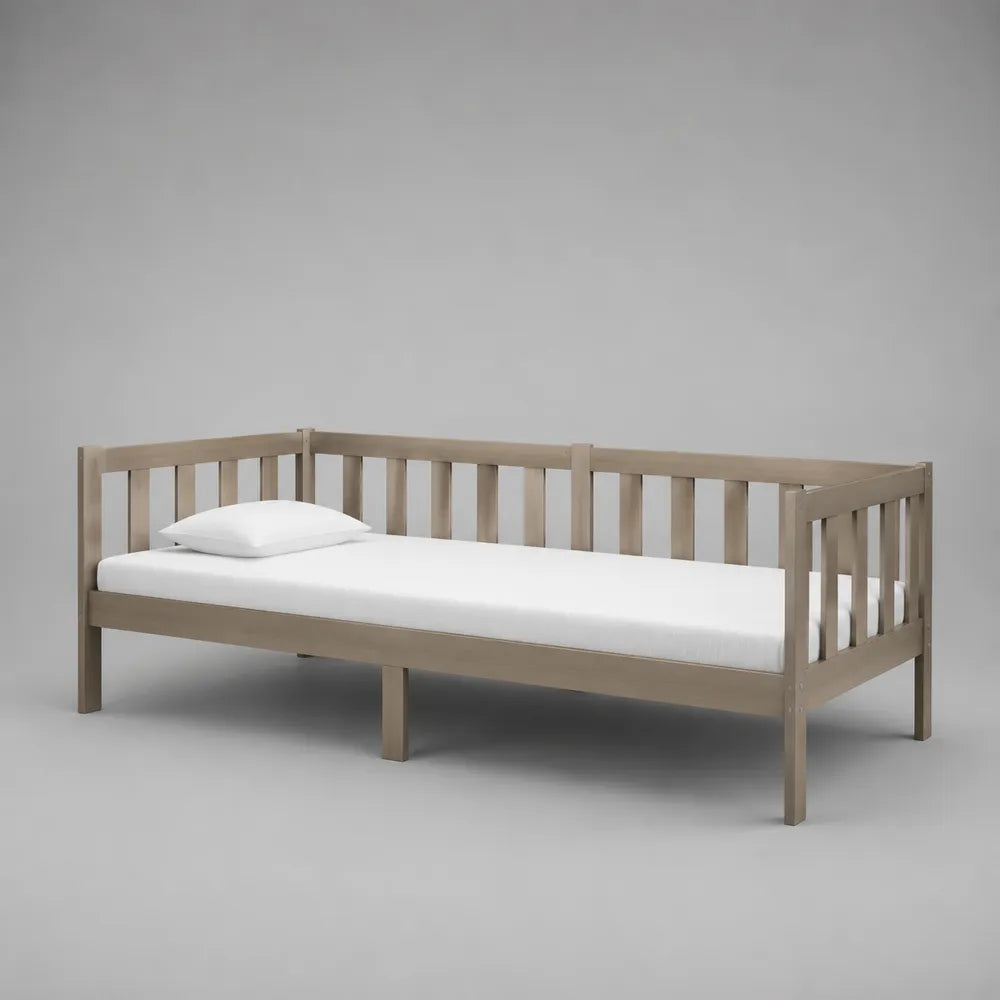 Lit banquette simple en bois beige avec dossier à lattes 90 x 200 cm