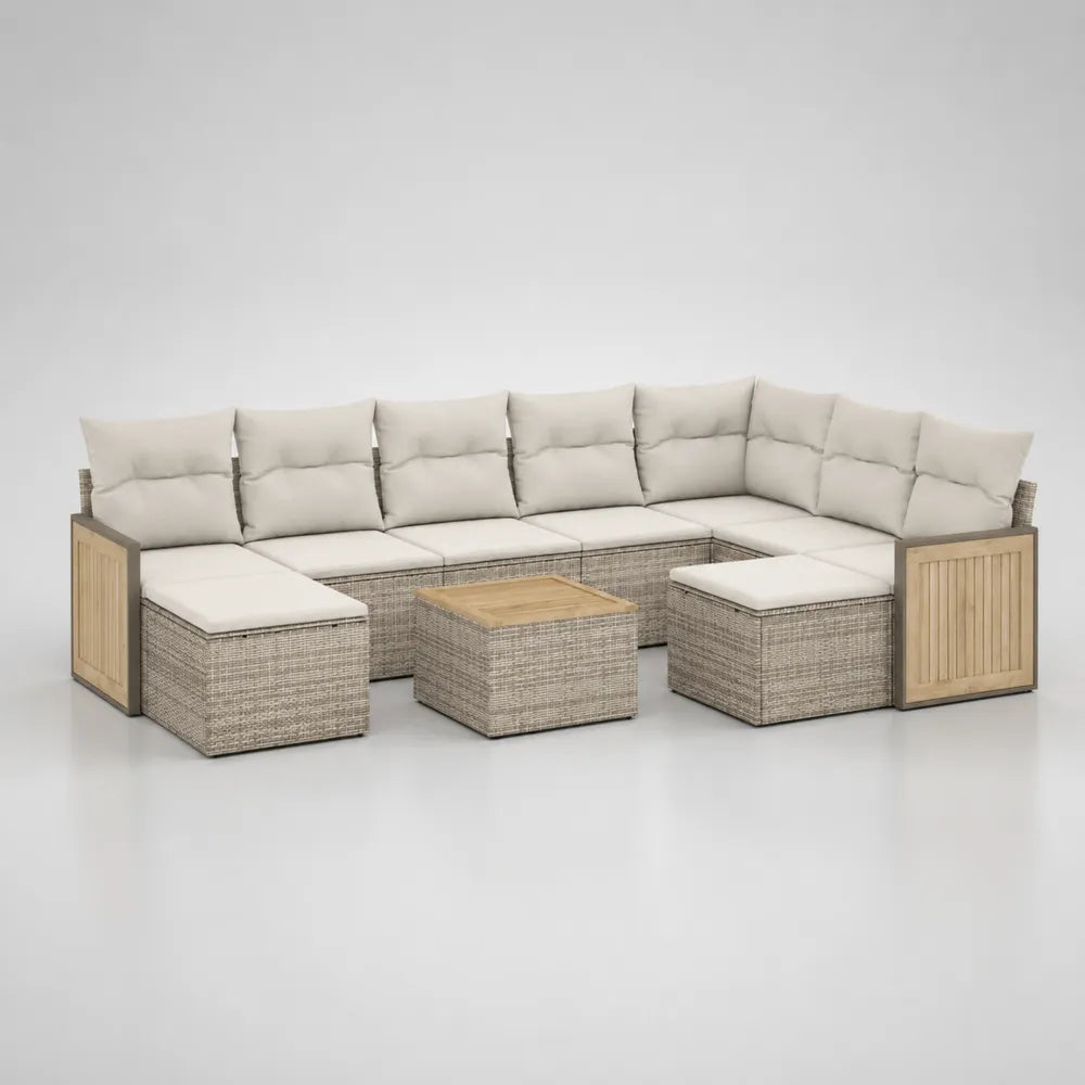Salon de jardin d'angle modulable avec table basse en résine tressée beige coussins écru et structure acier 320 x 260 x 80 cm