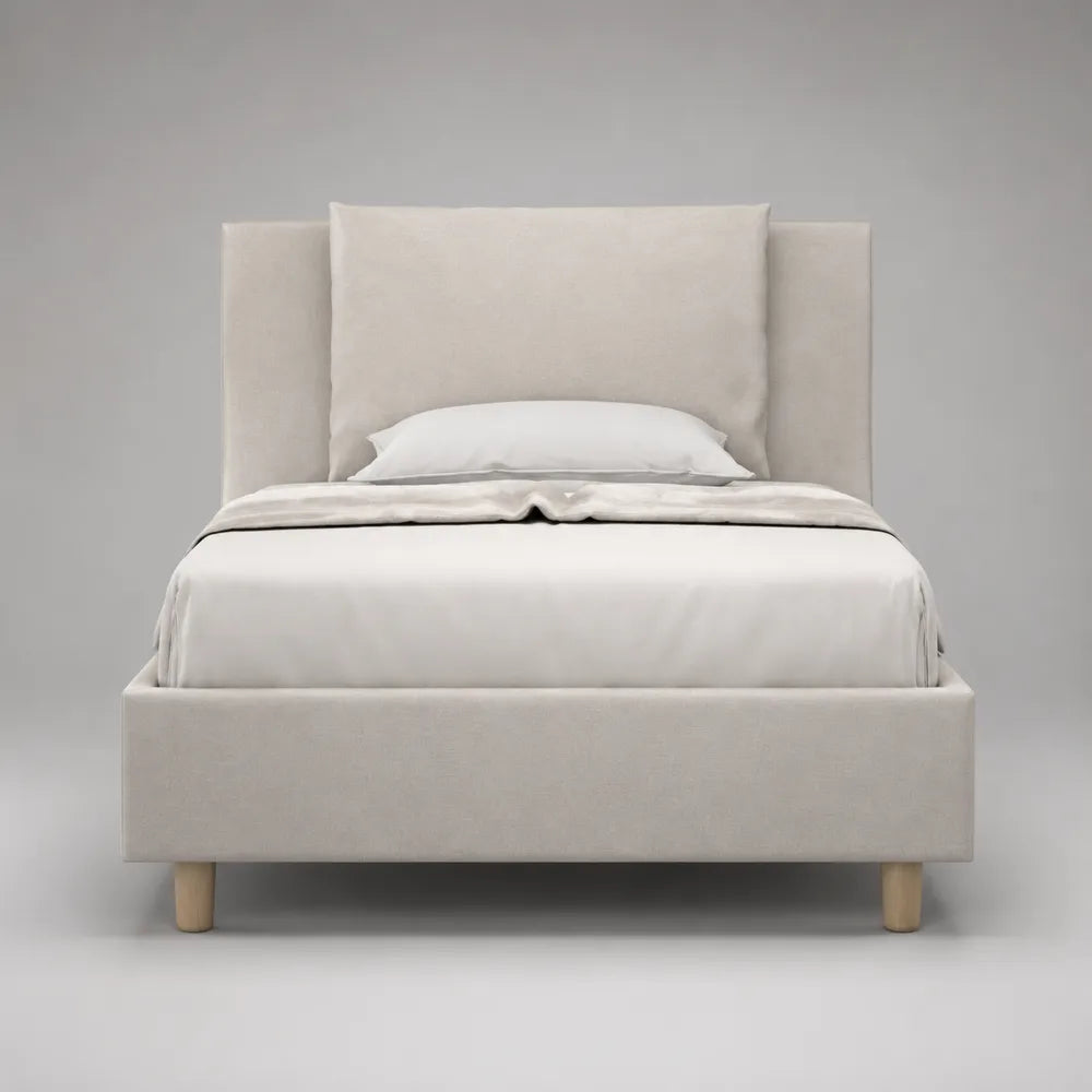 Lit double rembourré en tissu polyester blanc cassé avec tête de lit et pieds en bois 160 x 200 cm