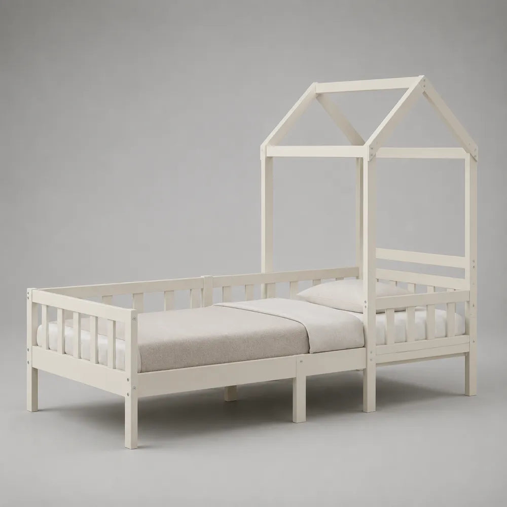 Lit cabane enfant en bois blanc avec structure maison et barrières 90 x 200 cm