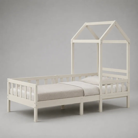 Lit cabane enfant en bois blanc avec structure maison et barrières 90 x 200 cm