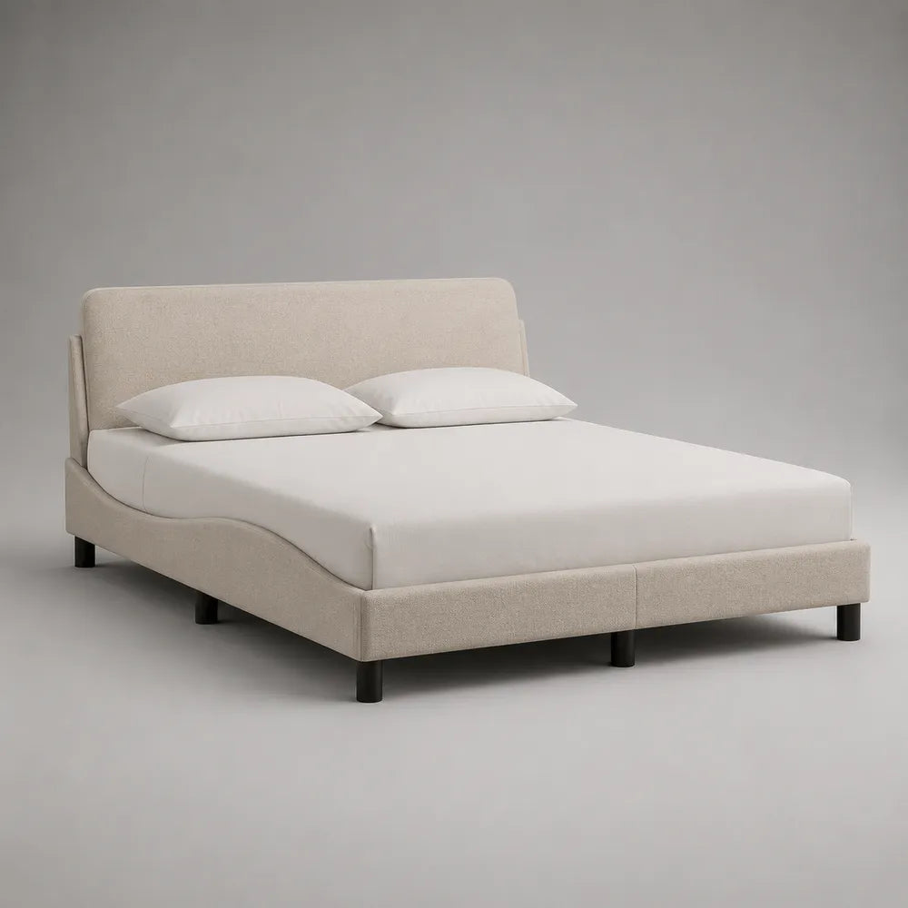 Lit double rembourré en polyester beige avec tête de lit arrondie 160 x 200 cm