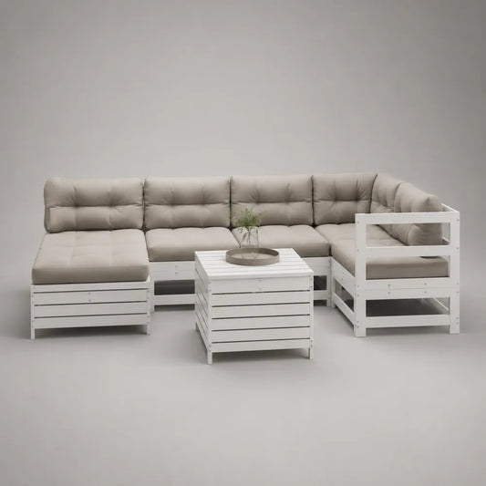 Salon de jardin d'angle modulable 6 places en bois de pin peint blanc avec coussins polyester gris beige table basse 275 x 210 x 72 cm