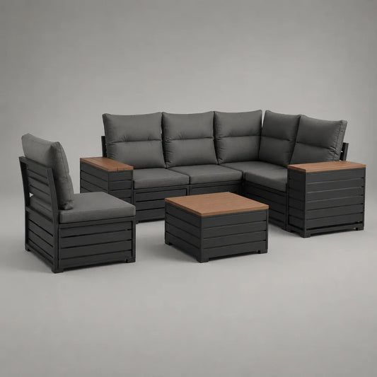 Salon de jardin modulable 7 places avec fauteuil table basse et coussins gris structure aluminium noir 320 x 240 x 75 cm