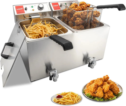 Professionnelle électrique à deux réservoirs 3300W 26L Friteuse Grande Valgus Friteuse, avec vidange, panier et couvercle