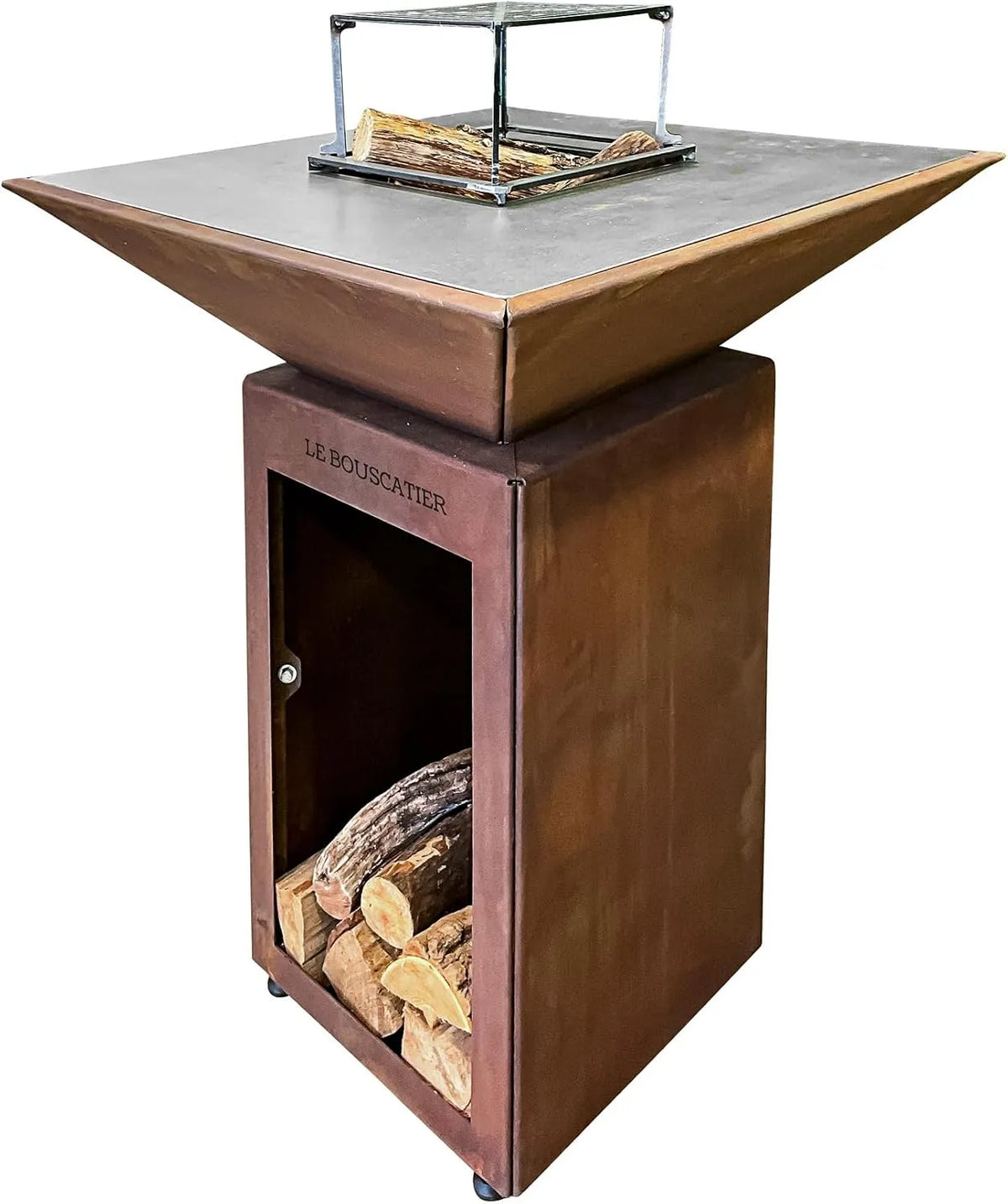 Barbecue, Design Jardin Terrasse, Brasero Plancha en Acier Corten, Exterieur avec Rangement Bûches, Grille de Cuisson et Stop Food Inclus