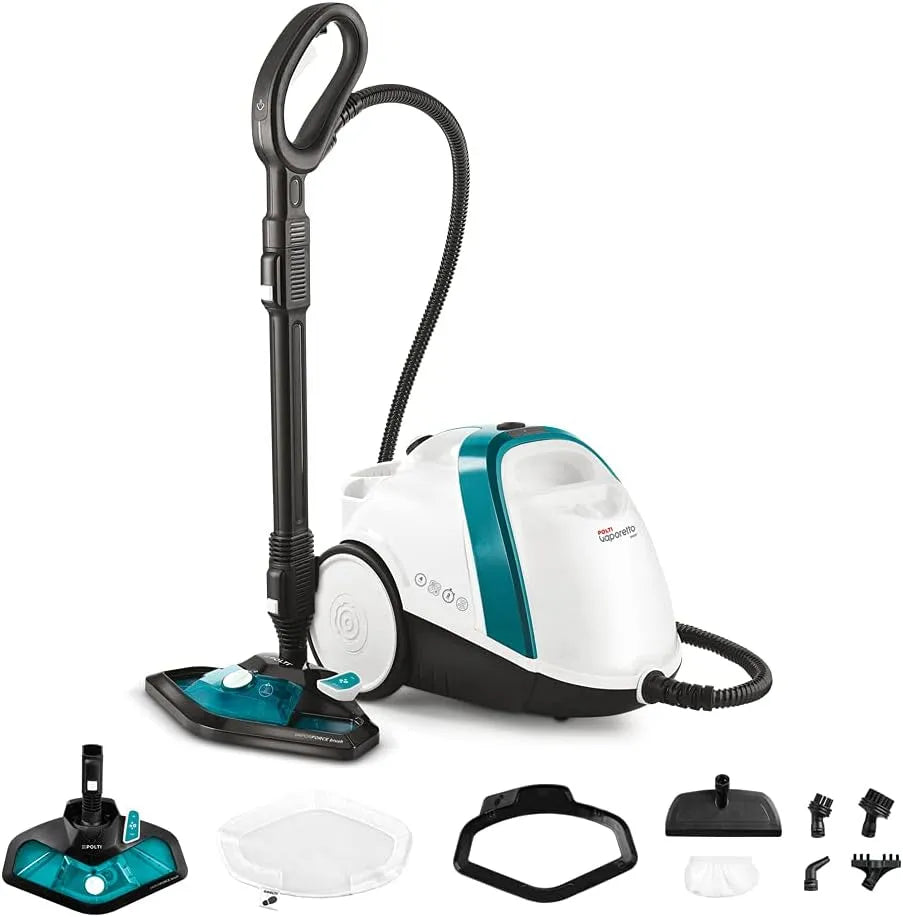 Polti Vaporetto Smart 100 T, 9 Accessoires Inclus, Nettoyeur Vapeur avec Chaudière Haute Pression 4 Bars, finition blanche et Turquoise