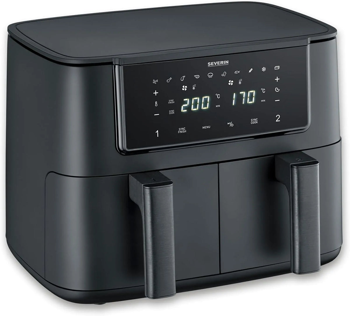 Severin friteuse à air chaud FR 2463, Friteuse sans huile avec 2 paniers de 4 L sans PFAS, Air fryer 10 programmes, chaud double zone de cuisson