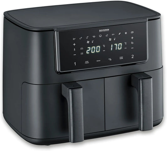 Severin friteuse à air chaud FR 2463, Friteuse sans huile avec 2 paniers de 4 L sans PFAS, Air fryer 10 programmes, chaud double zone de cuisson