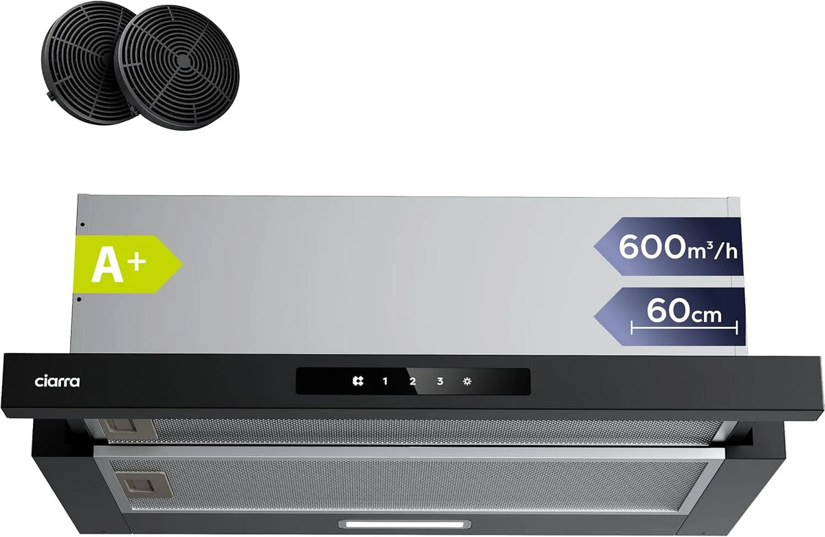 CIARRA classe énergétique A+ Hotte Télescopique Encastrable 60cm 600m³ CBCB6909A CBCF055, 3 niveaux de vitesse, 600m³/h, 3 niveaux de vitesse
