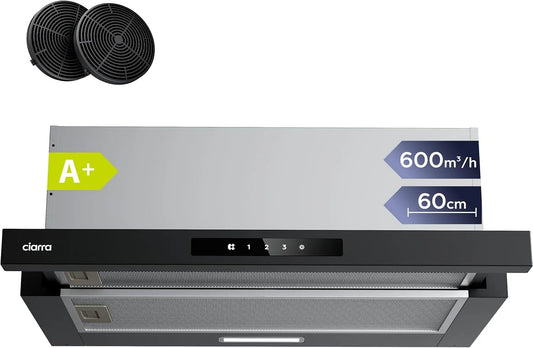 CIARRA classe énergétique A+ Hotte Télescopique Encastrable 60cm 600m³ CBCB6909A CBCF055, 3 niveaux de vitesse, 600m³/h, 3 niveaux de vitesse