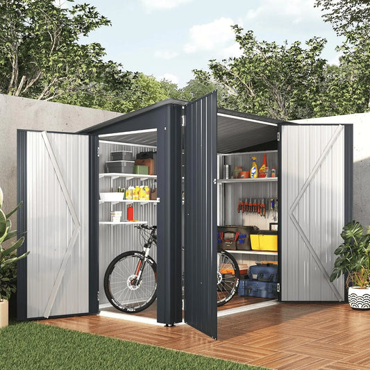 Abri de jardin, 3 Portes Coulissantes & Toit en Pente, Cabane de Jardin Exterieur pour Stockage Vélos, finition grise, dimensions 225x118x170cm, Moto