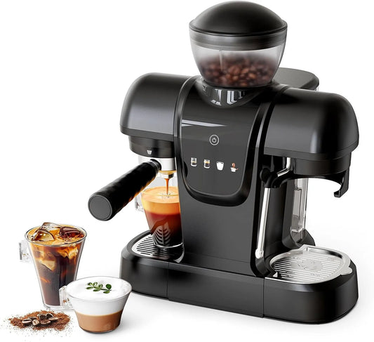 Machine à café, 2 en 1 pour café moulu, écran tactile, finition noire, Machine à expresso 19 bars avec moulin à haricots, réservoir d'eau amovible