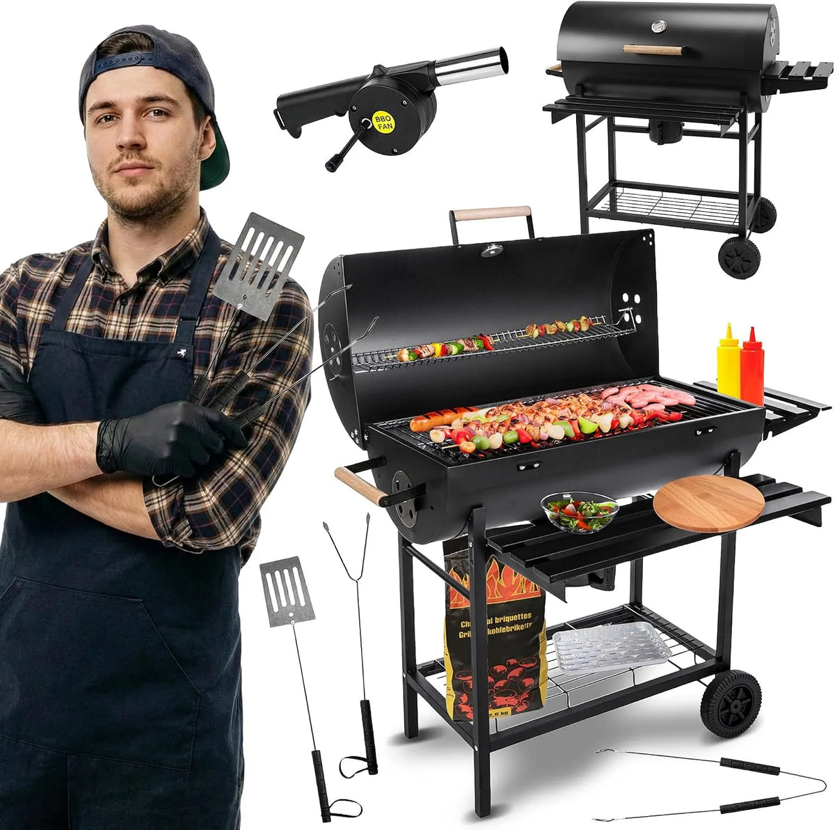 Barbecue GC0002, charbon grande grille chromée 71×35 cm, Five-Star Grill & Chill charbon de bois, de jardin, couvercle, cendrier, thermomètre, BBQ
