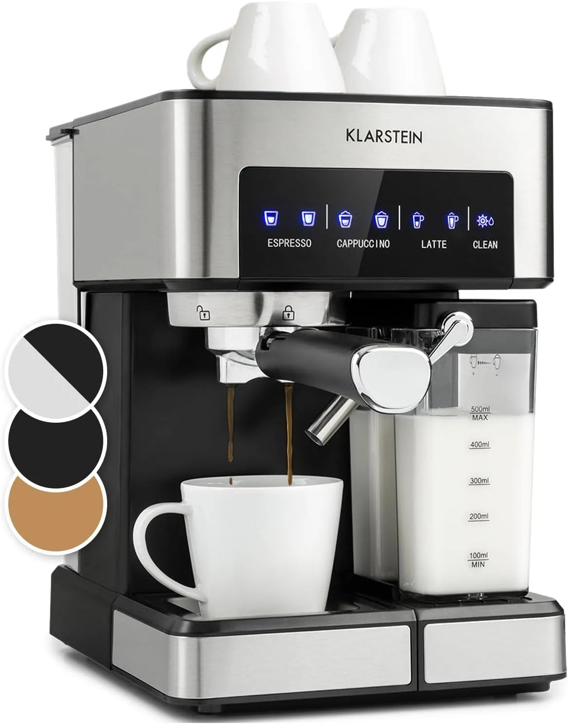 Klarstein Petite Cafetiere avec Mousseur de Lait, Machines à Café et expresso 20 Bar, capacité 1.8L, Electrique Acier Inoxydable 1350W Café Moulu
