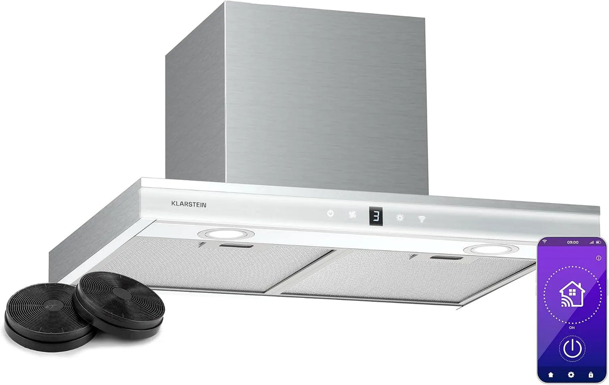 Klarstein hotte aspirante 6000K, largeur 60cm, Filtre à Charbon, LED, Silencieuse, finition noire, Auriana Hotte Murale, 700 m³/h, A+ Énergie