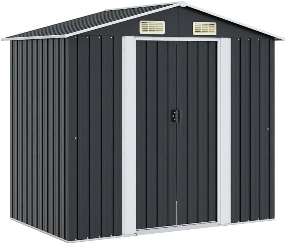 Abri de, rangement en métal anthracite 204 x 132 x 186 cm, avec double portes coulissantes et 4 ouvertures d'aération pour outils et appareils