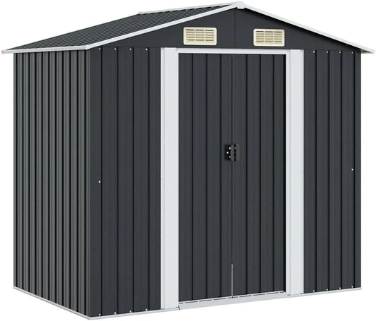 Abri de, rangement en métal anthracite 204 x 132 x 186 cm, avec double portes coulissantes et 4 ouvertures d'aération pour outils et appareils