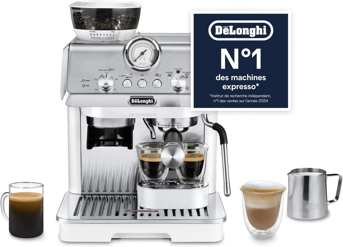 De'Longhi machine expresso EC9155.W, 8 Niveaux de Mouture, 3 Températures, Manuelle avec Moulin, Inclus Kit Barista, Machine à Porte filtre, 15 Bars