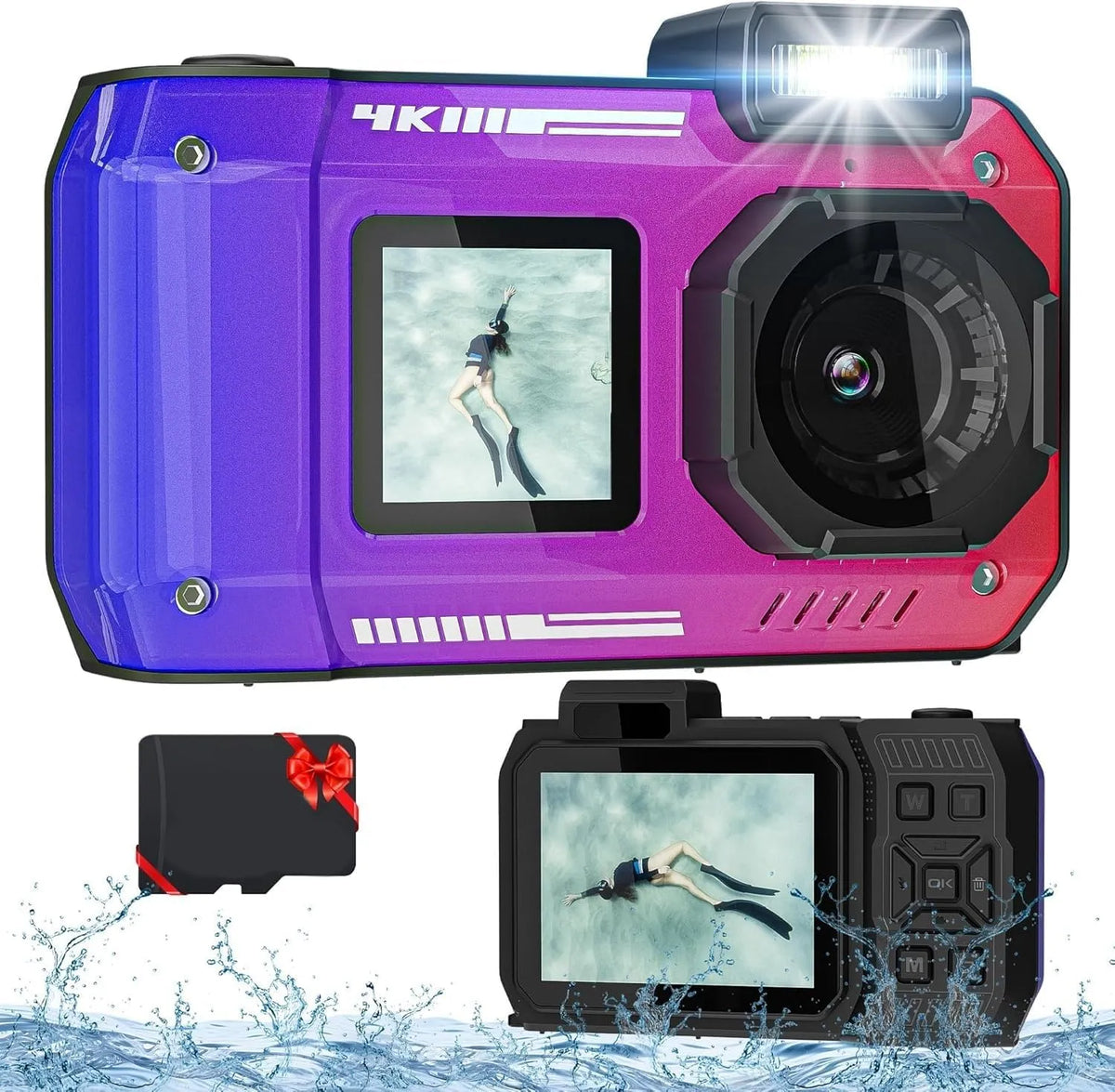 Appareil photo, numérique 4K 10 m avec Carte 32 G, caméra sous-Marine 48 MP étanche, Robuste, Point à Double écran Selfie