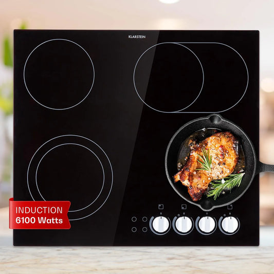 Klarstein plaque de cuisson, Vitrocéramique 4 Feux Encastrable de 6500W, Table Vitroceramique