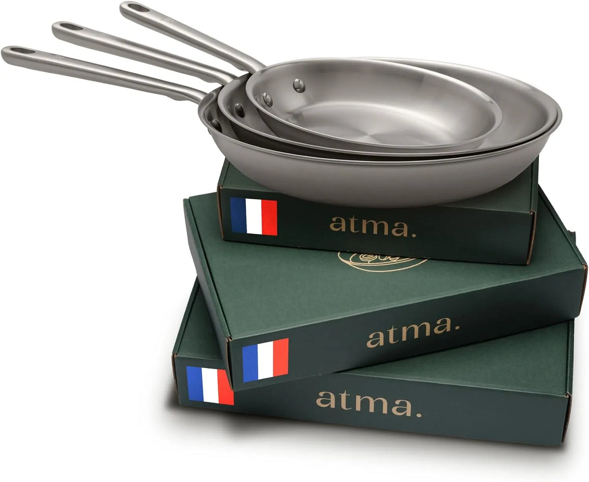 Four, Atma Set de 3 Poêles Inox Triple Couche, Poêles Induction 20, 26 et 28 cm avec Manche Riveté, Sans PFAS ni Revêtement Chimique
