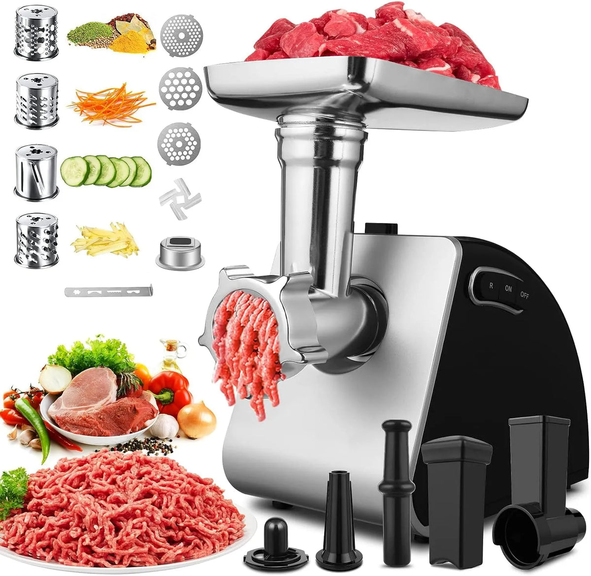 Viande Électrique Professionnel Hachoir à, Machine Multifonctions avec Poussoir à Saucisse, Lames Inox, Grilles de Hachage