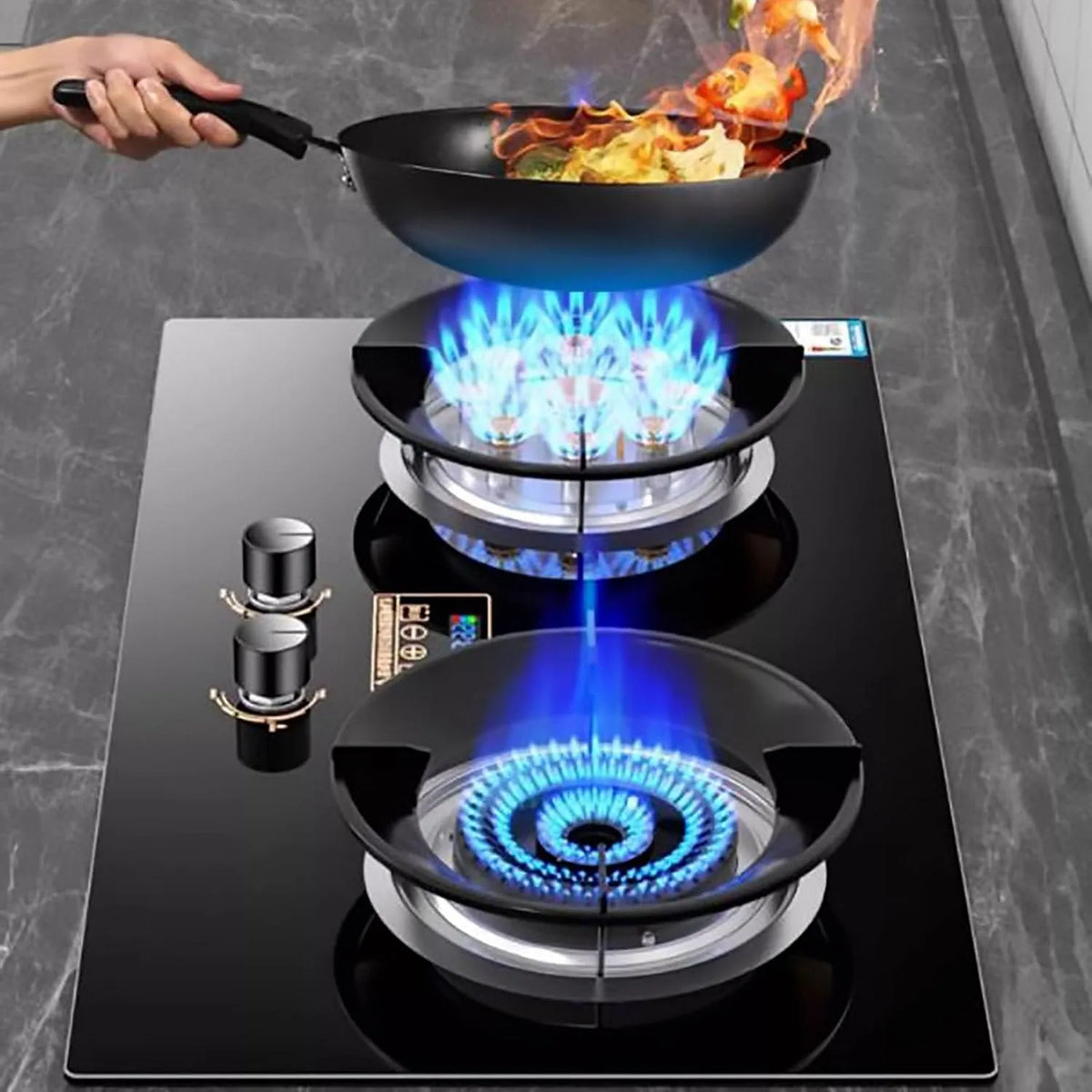 Table, Verre Trempé Cuisiniere, Left 4.2kw, Cuisiniere Gaz Allumage Par Impulsion, minuterie intégrée Tactile Intelligente, NG, Right