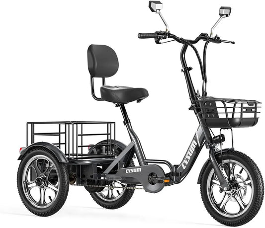 Tricycle électrique, 3 Roues Pliant Homme Femme, T1 Pro Velo électrique pour Adultes, Moteur de 250 W, 16'' Cargo E-Tricycle