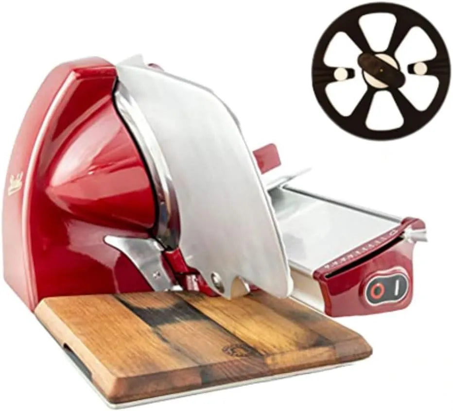 Trancheuse, Berkel Home Line 200 Plus de cuisine, avec ramasse-couteaux et planche en bois fabriquée à la main Rouge