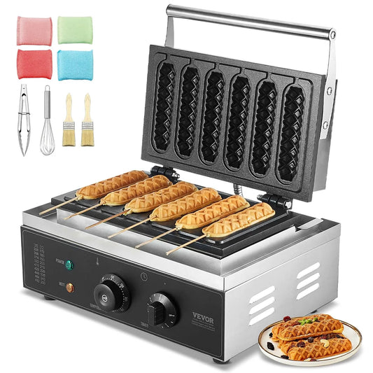Vevor Gaufrier Commercial, 6 Pièces 1500W Gaufrier Machine, pour Boulangerie Snack Bar, avec Contrôle de la Température et du Temps, Poigné