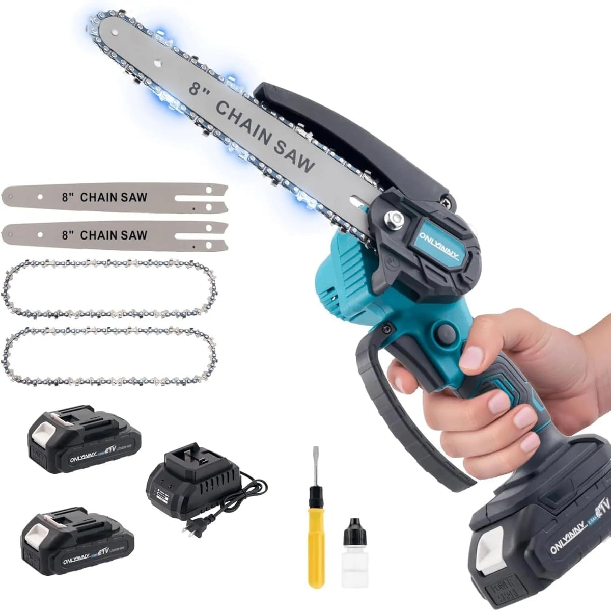 Tronçonneuse, 2 Chaînes & 2 Guides, Mini 8 Pouces Électrique sans Fil, Kit Complet avec 2 Batteries, Huilage Automatique