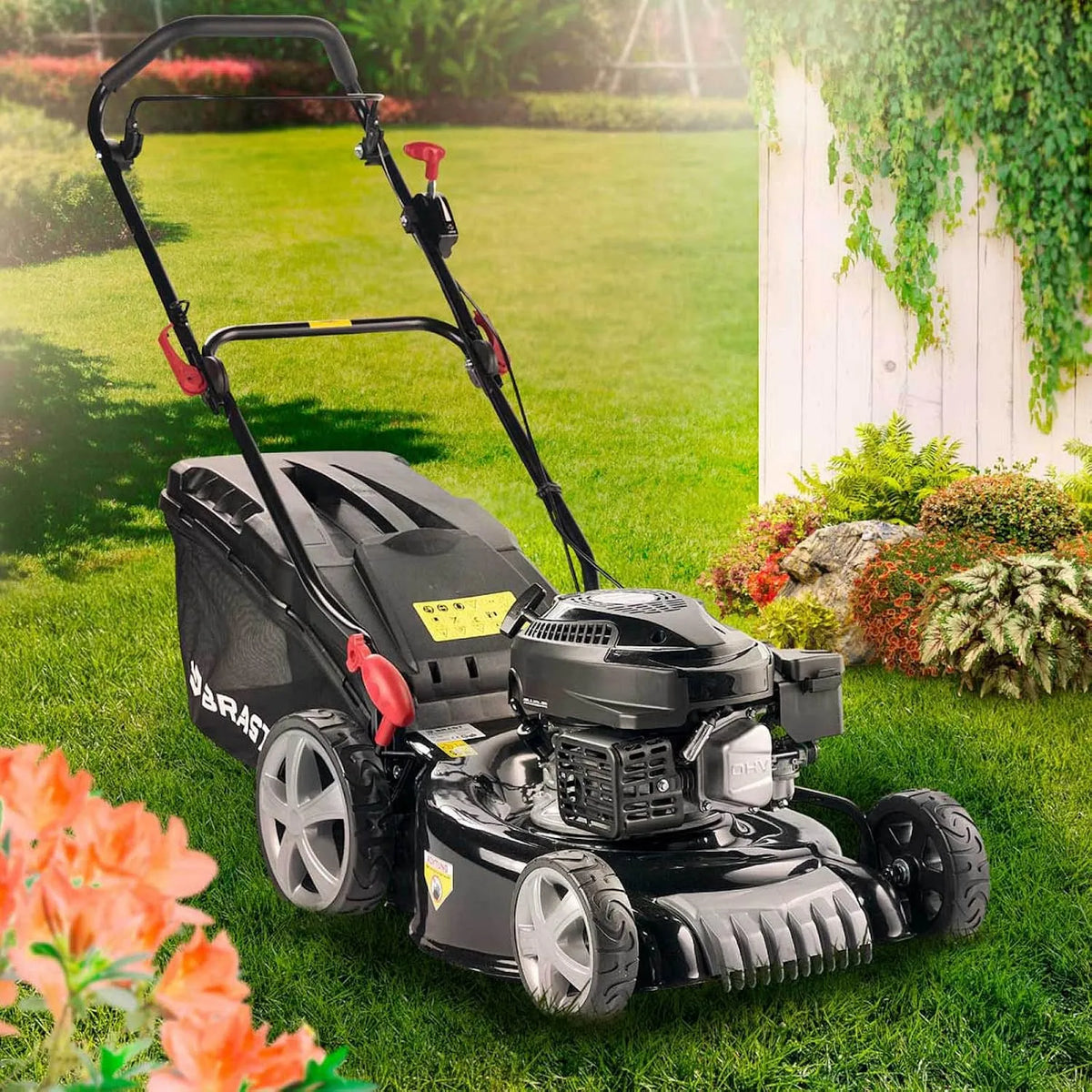 Tondeuse 3en1 BRAST, Thermique tractée 46cm 170 CC mulchig 3,5kW, capacité 60l -5 MODÈLES Diff.- Moteur 4 Temps Easy Clean, 4,7 CV