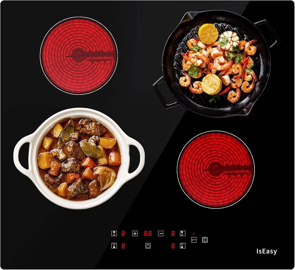 Plaque de cuisson, Table de cuisson Electrique 60cm, Vitrocéramique 4 Feux Encastrable, puissance 6000W, 9 Niveaux de Puissance, Minuteur